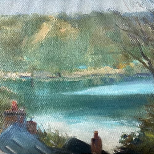 Oil painting of glinting light at Moulin Huet, Guernsey